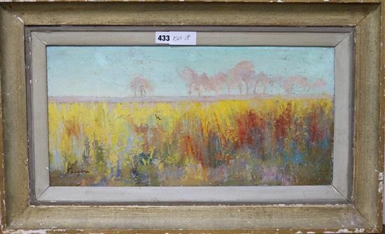 Lucette de la Fougere (1921-2010), oil on wooden panel, Flowers in a field, signed 28 x 56cm